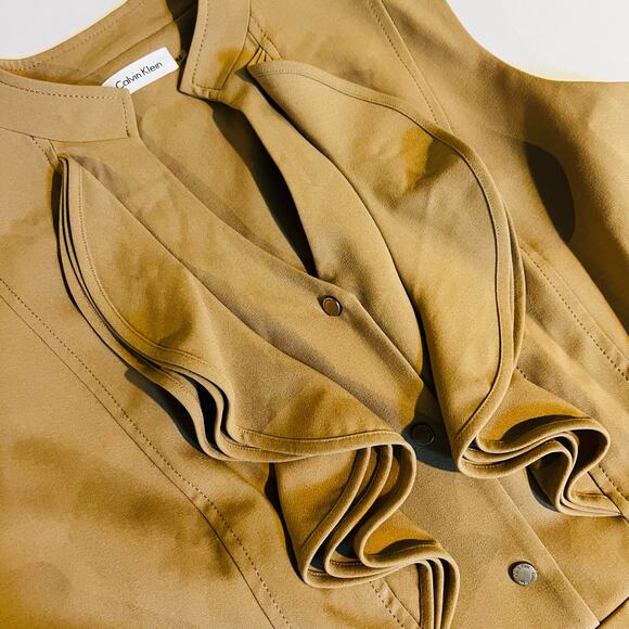 Calvin Klein Ruffle Front Half Button Up Sleeveless Dress Size 14 Tan - Picture 4 of 7